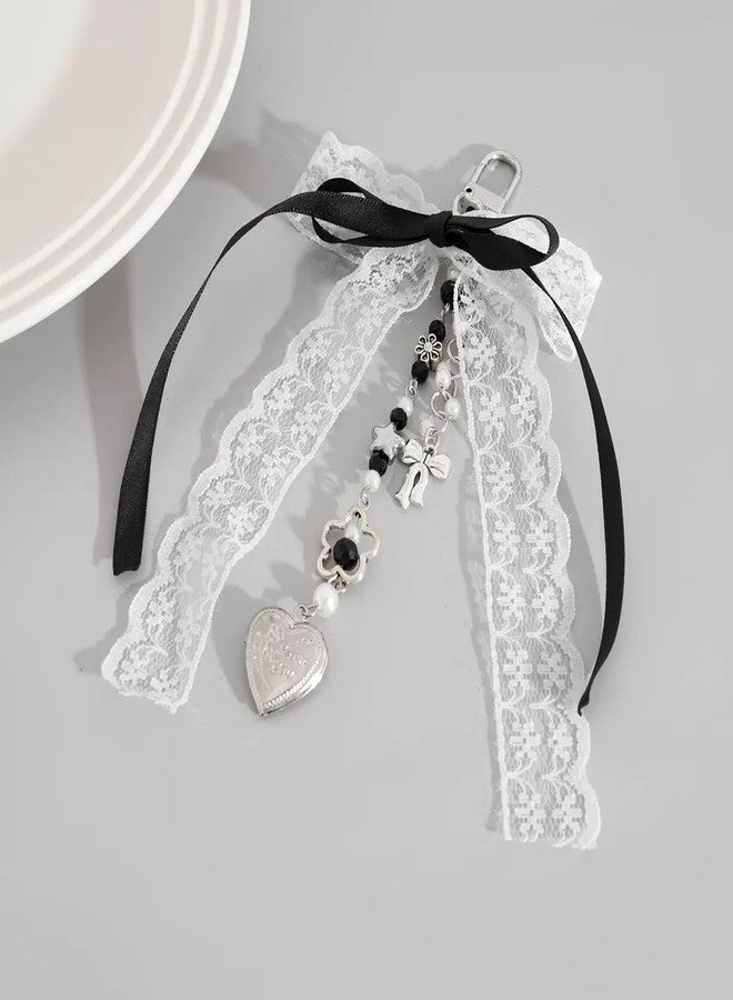 Dhdfisd Bow Keychain Y2K Coquette Aesthetic Bow Heart Pearl Flower Lace Ribbon Keychain Cute Bag Purse Handbag Charm (Black bow) - Image 4
